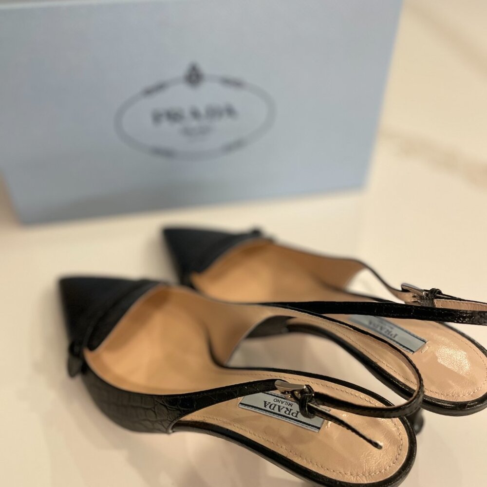 Prada Black Croc-Embossed Slingback Pointed Toe Heels with Button Accent - Picture 7 of 10
